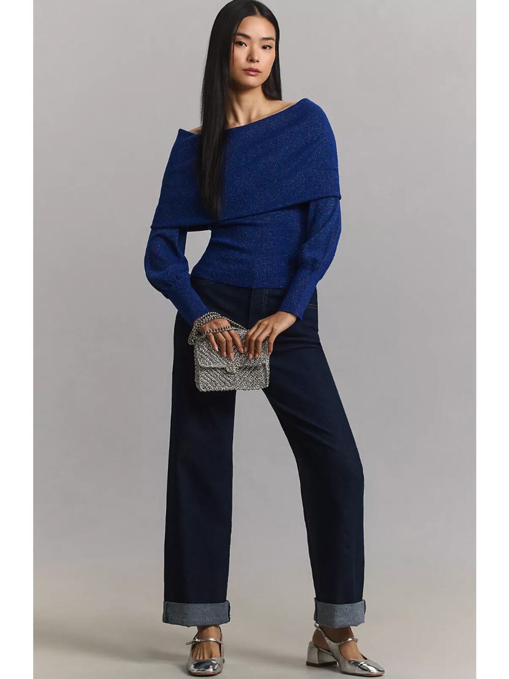 By Anthropologie Sensual Off-the-Shoulder Sweater in Metallic Blue S NWT $148